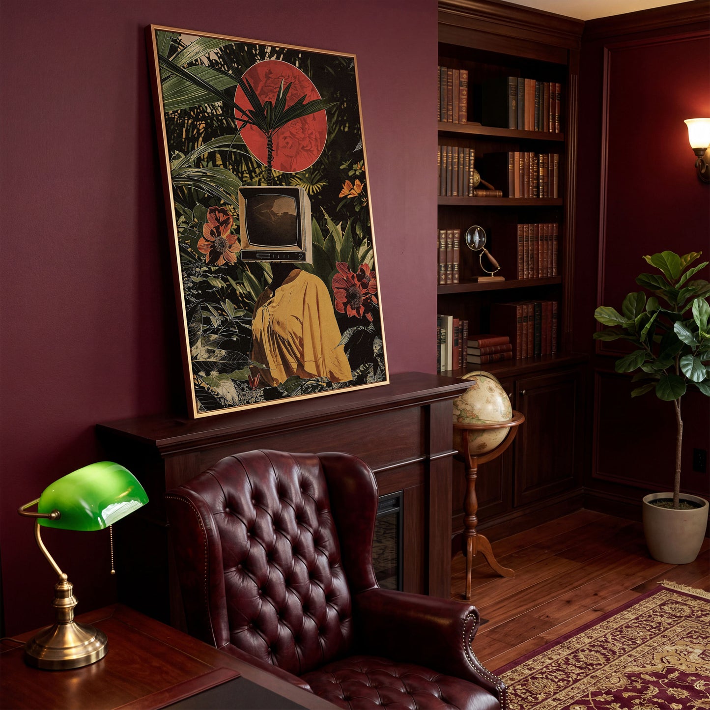 TV Head Figure in Tropical Foliage. Surreal Portrait Canvas in antique gold floating frame