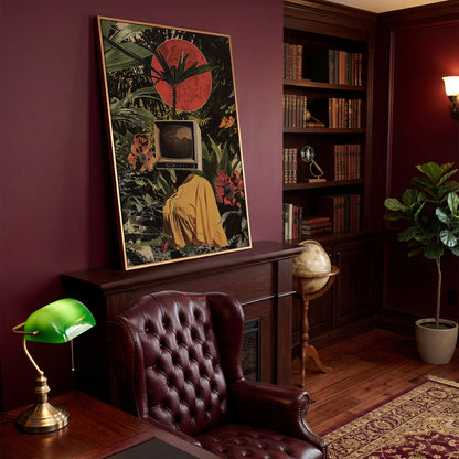 TV Head Figure in Tropical Foliage. Surreal Portrait Canvas in antique gold floating frame