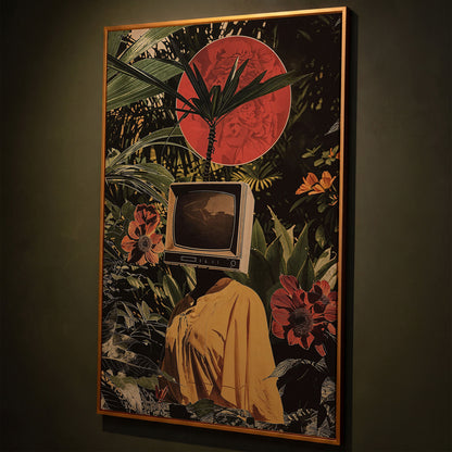 TV Head Figure in Tropical Foliage. Surreal Portrait Canvas shown in antique gold floating frame
