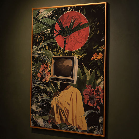 TV Head Figure in Tropical Foliage. Surreal Portrait Canvas shown in antique gold floating frame