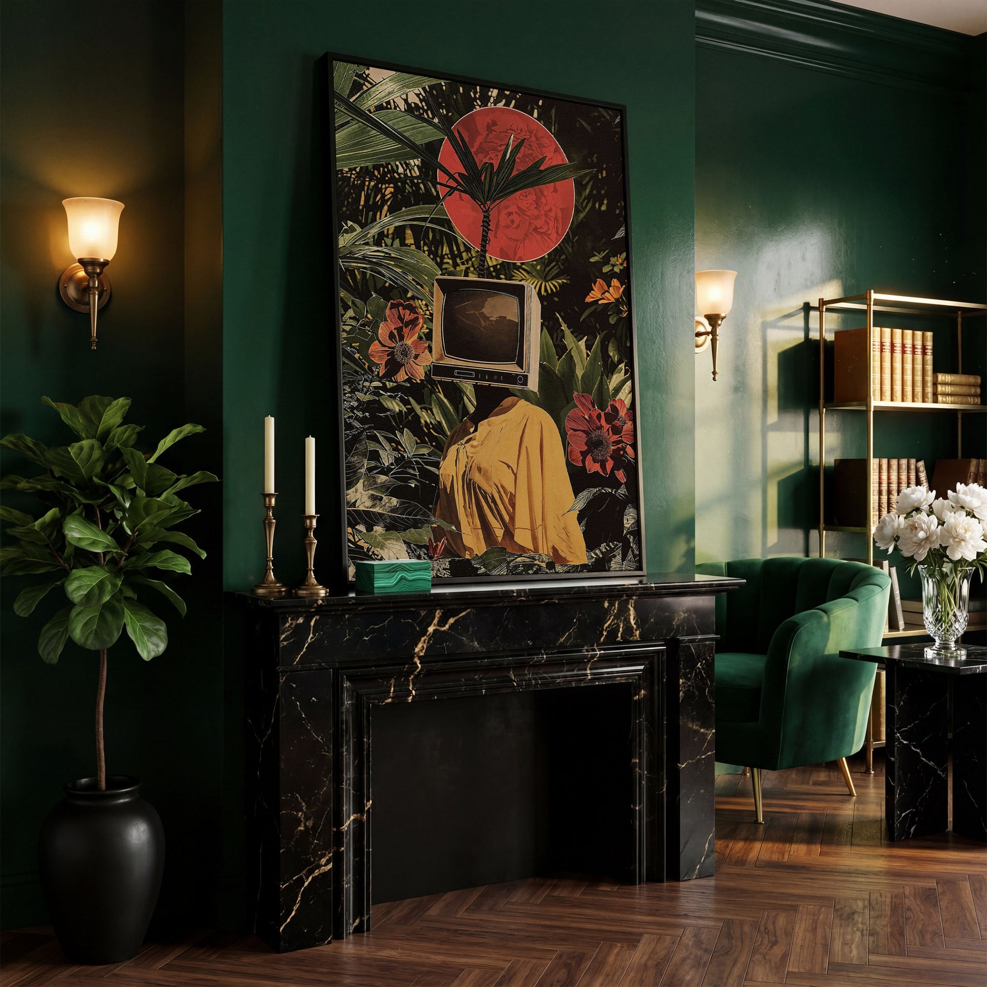 TV Head Figure in Tropical Foliage. Surreal Portrait Canvas in black floating frame