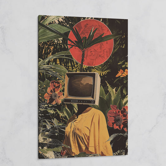 TV Head Figure in Tropical Foliage. Surreal Portrait Canvas on gallery wrap