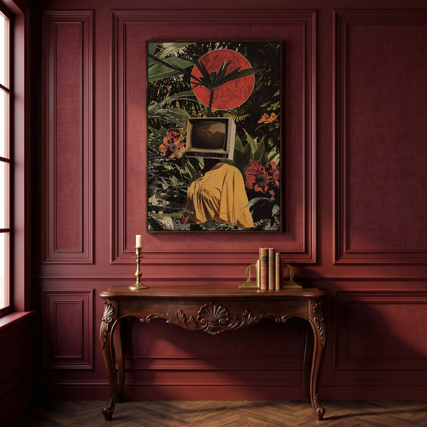 TV Head Figure in Tropical Foliage. Surreal Portrait Canvas in dark walnut floating frame