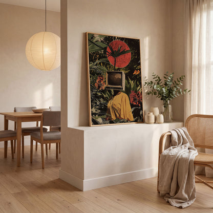 TV Head Figure in Tropical Foliage. Surreal Portrait Canvas in white oak floating frame