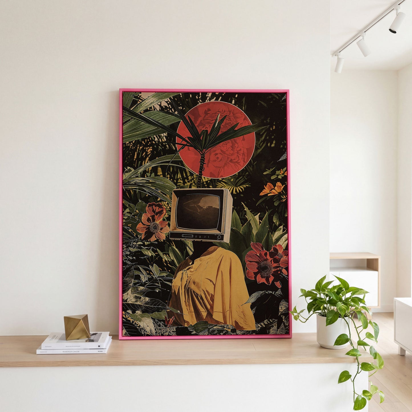 TV Head Figure in Tropical Foliage. Surreal Portrait Canvas in pink floating frame