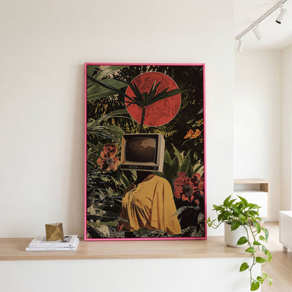 TV Head Figure in Tropical Foliage. Surreal Portrait Canvas in pink floating frame