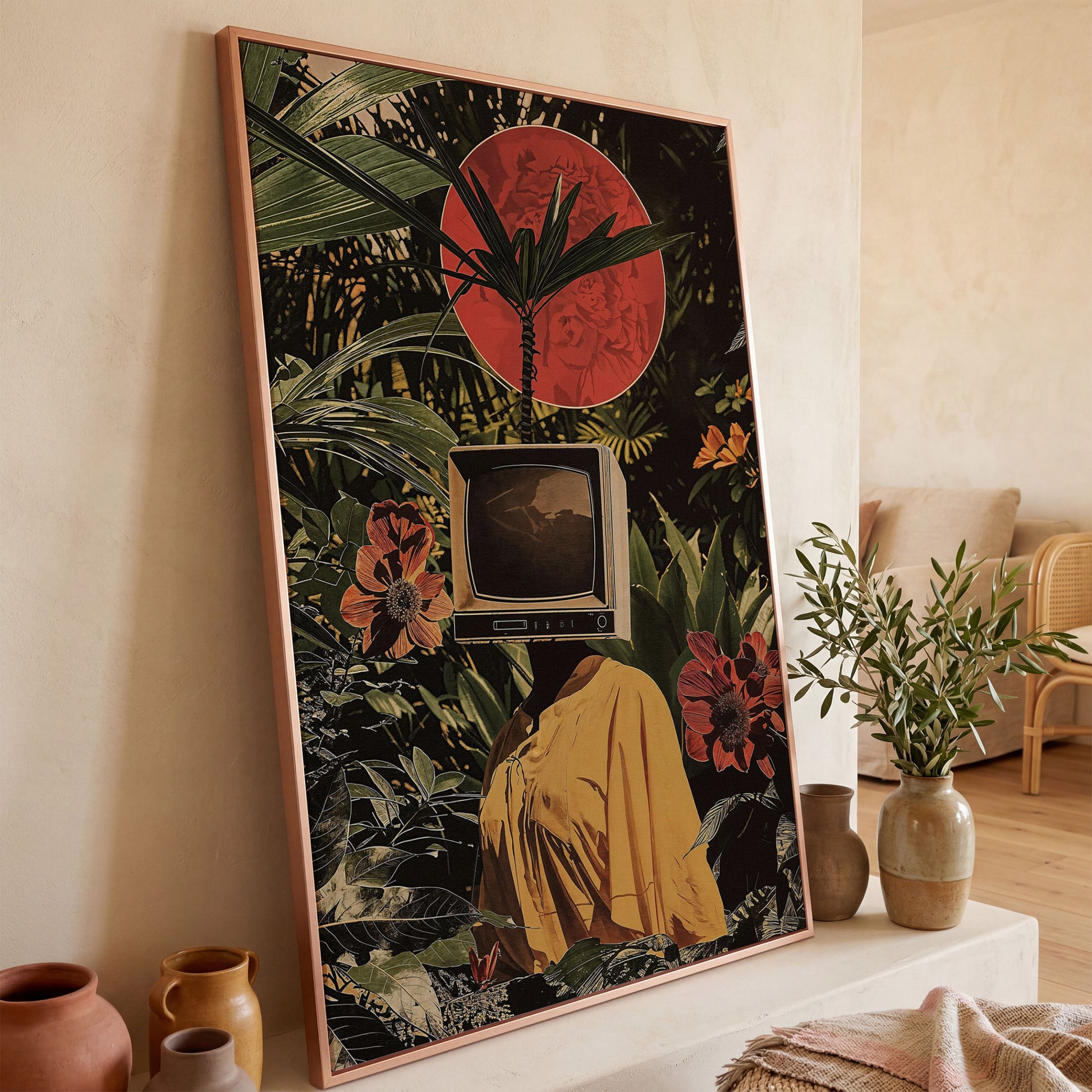 TV Head Figure in Tropical Foliage. Surreal Portrait Canvas in rose gold floating frame