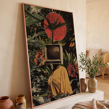 TV Head Figure in Tropical Foliage. Surreal Portrait Canvas in rose gold floating frame