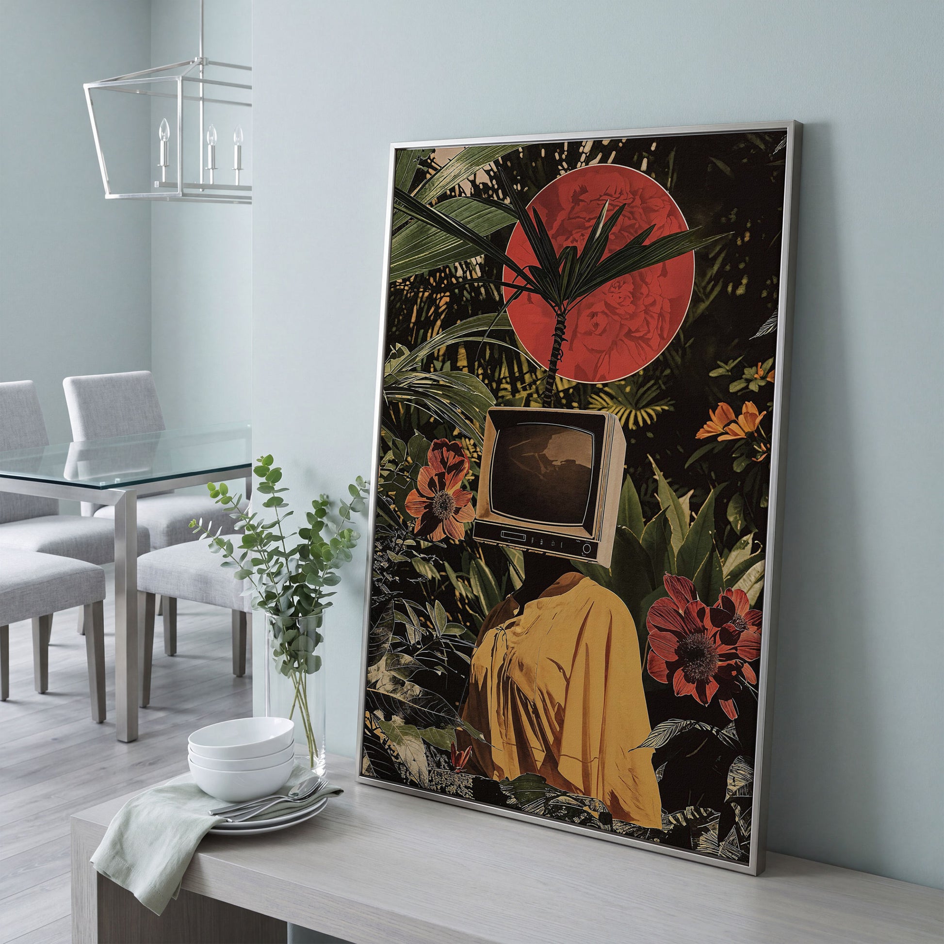 TV Head Figure in Tropical Foliage. Surreal Portrait Canvas in silver floating frame