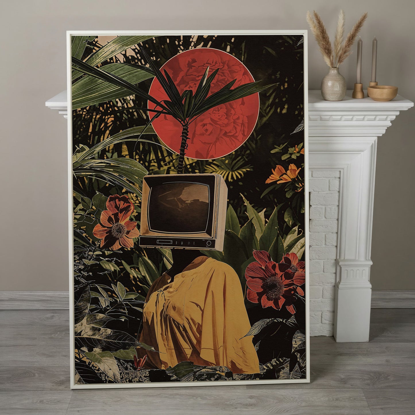 TV Head Figure in Tropical Foliage. Surreal Portrait Canvas in white floating frame