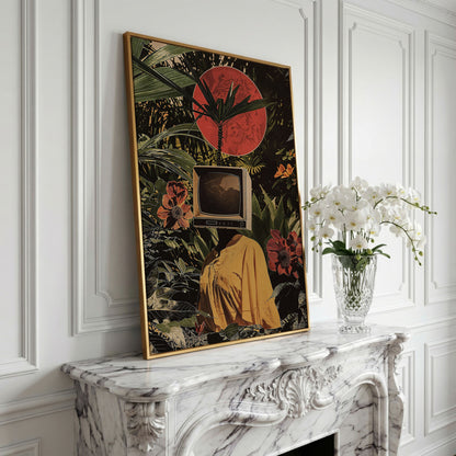 TV Head Figure in Tropical Foliage. Surreal Portrait Canvas in yellow gold floating frame