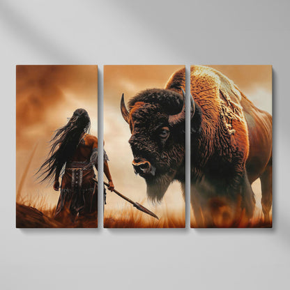 Powerful Warrior and Bison Canvas Print as 3-panel split version