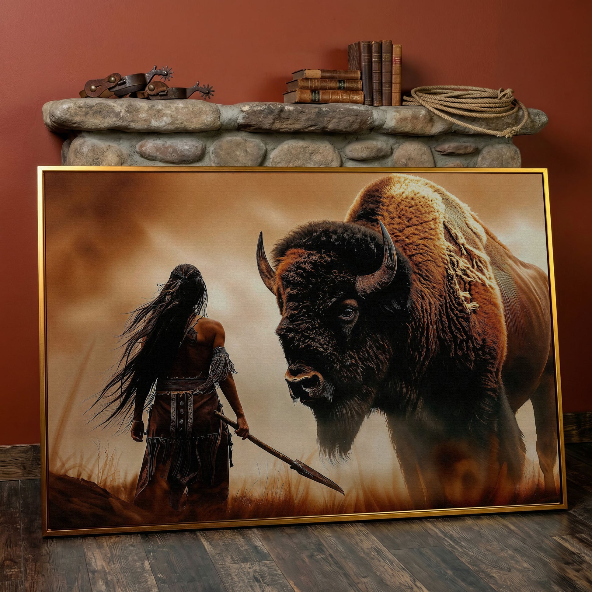Powerful Warrior and Bison Canvas Print in antique gold floating frame