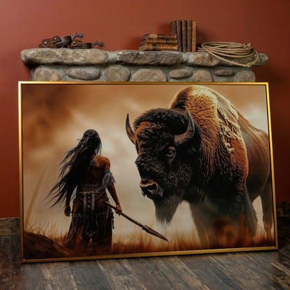 Powerful Warrior and Bison Canvas Print in antique gold floating frame