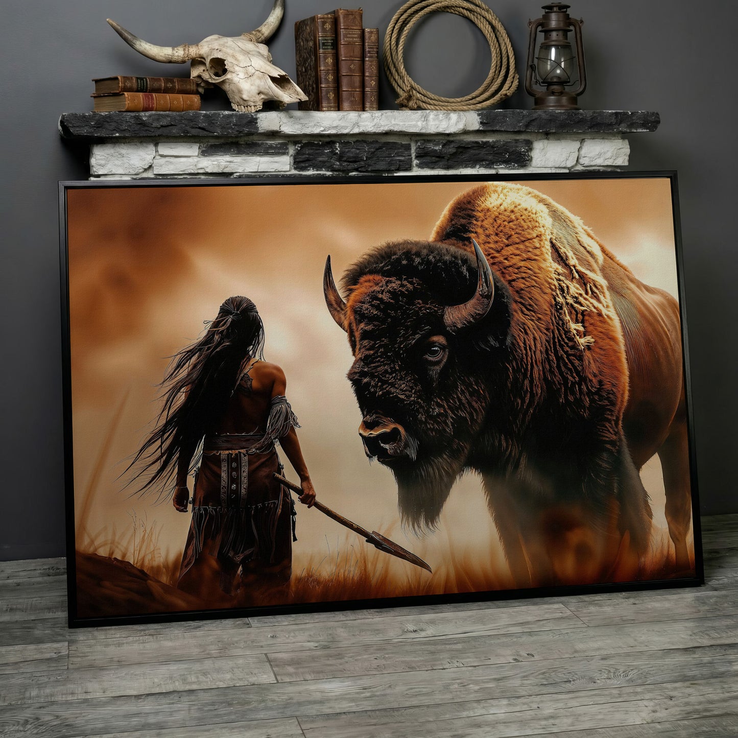 Powerful Warrior and Bison Canvas Print in black floating frame