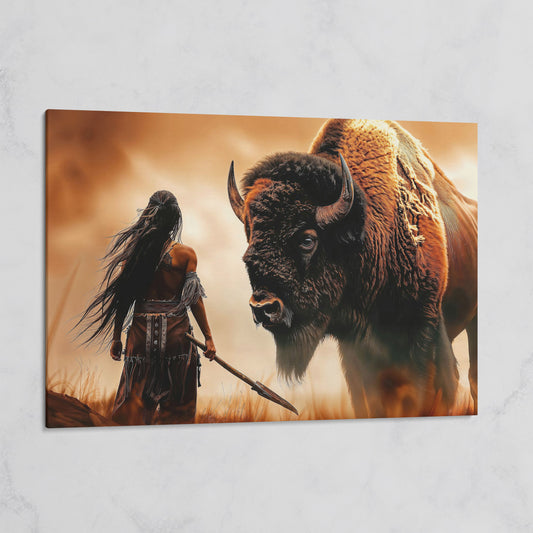Powerful Warrior and Bison Canvas Print on gallery wrap