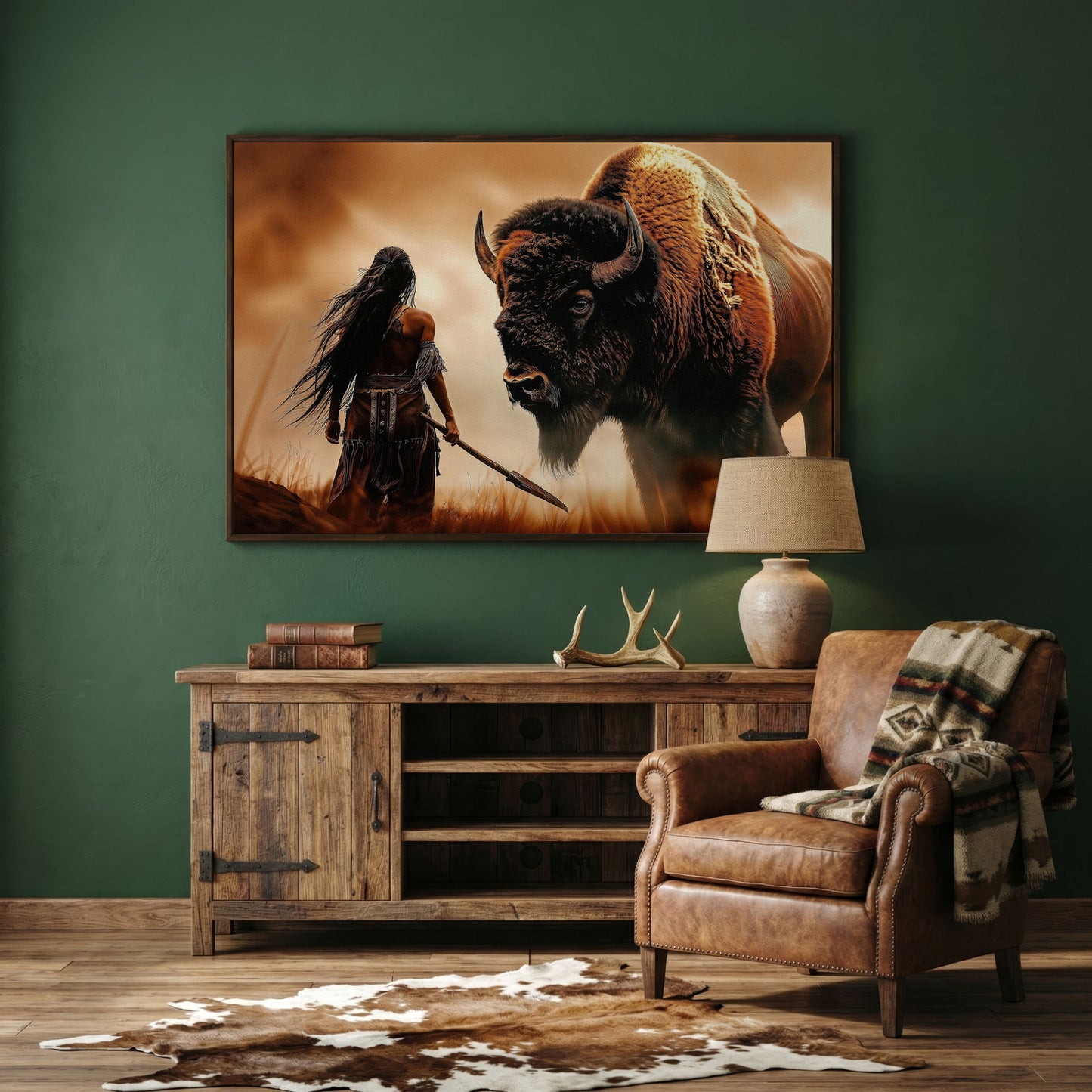 Powerful Warrior and Bison Canvas Print in dark walnut floating frame
