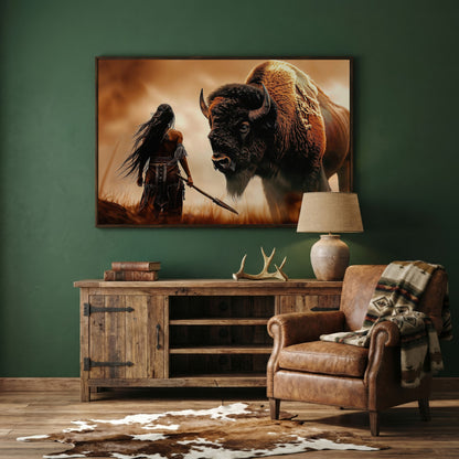 Powerful Warrior and Bison Canvas Print in dark walnut floating frame
