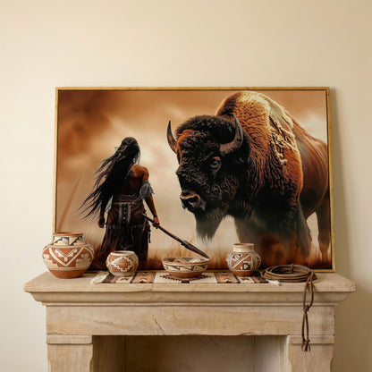Powerful Warrior and Bison Canvas Print in white oak floating frame