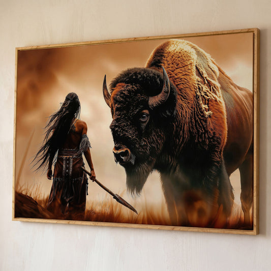 Powerful Warrior and Bison Canvas Print shown in white oak floating frame