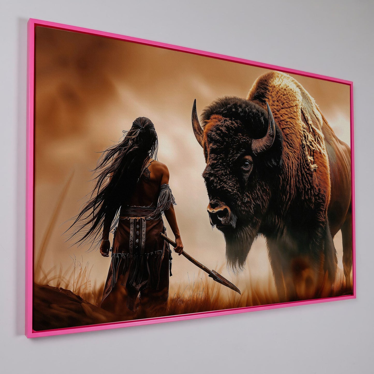 Powerful Warrior and Bison Canvas Print in pink floating frame
