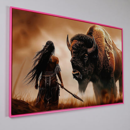 Powerful Warrior and Bison Canvas Print in pink floating frame