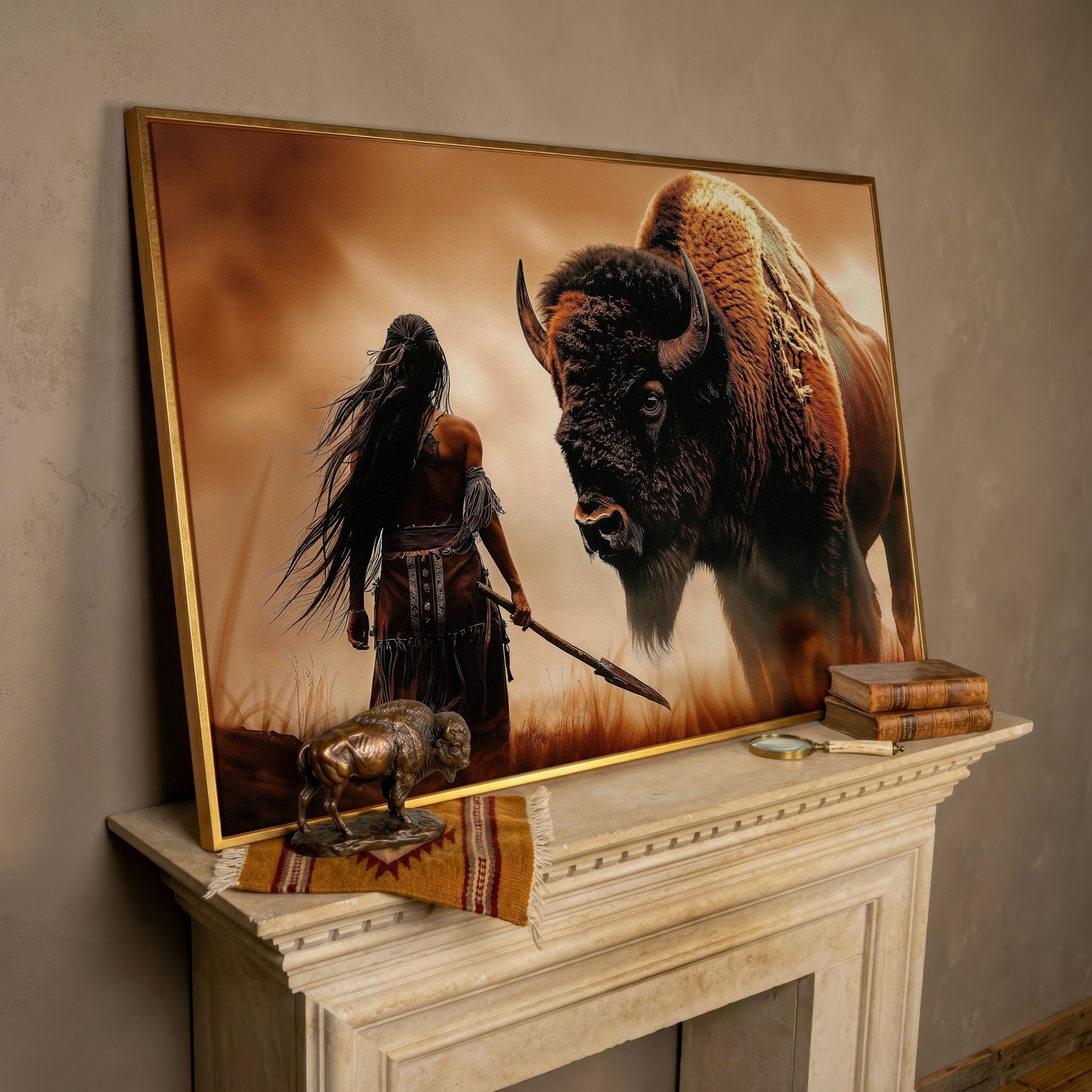 Powerful Warrior and Bison Canvas Print in rose gold floating frame