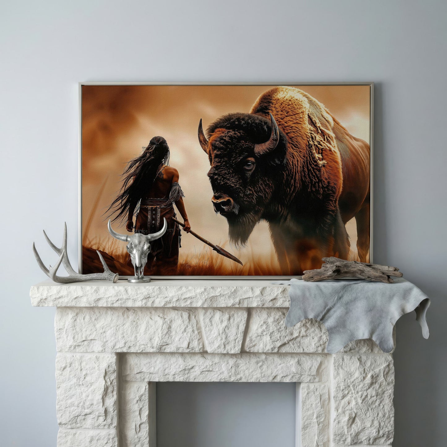 Powerful Warrior and Bison Canvas Print in silver floating frame