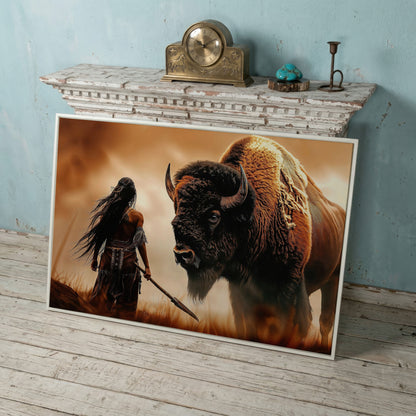 Powerful Warrior and Bison Canvas Print in white floating frame