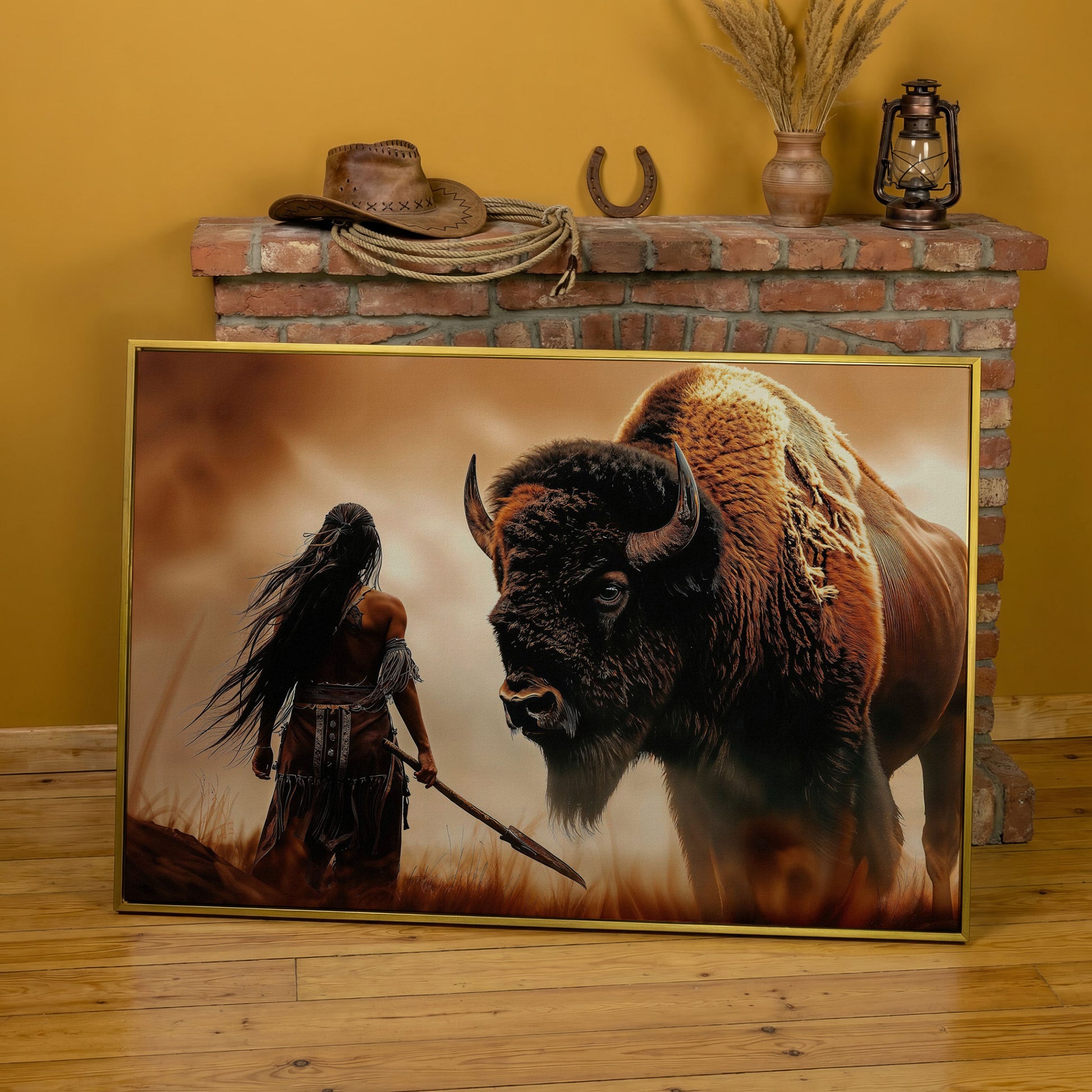 Powerful Warrior and Bison Canvas Print in yellow gold floating frame