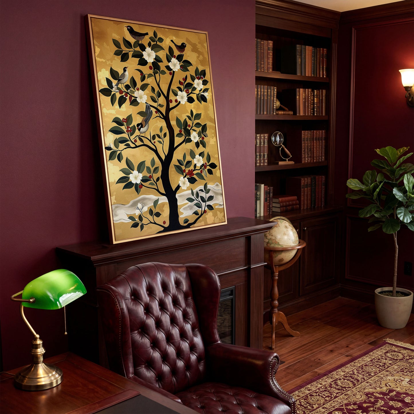 Blossoming Tree with Perched Birds on Gold Canvas Art in antique gold floating frame