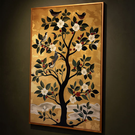 Blossoming Tree with Perched Birds on Gold Canvas Art shown in antique gold floating frame