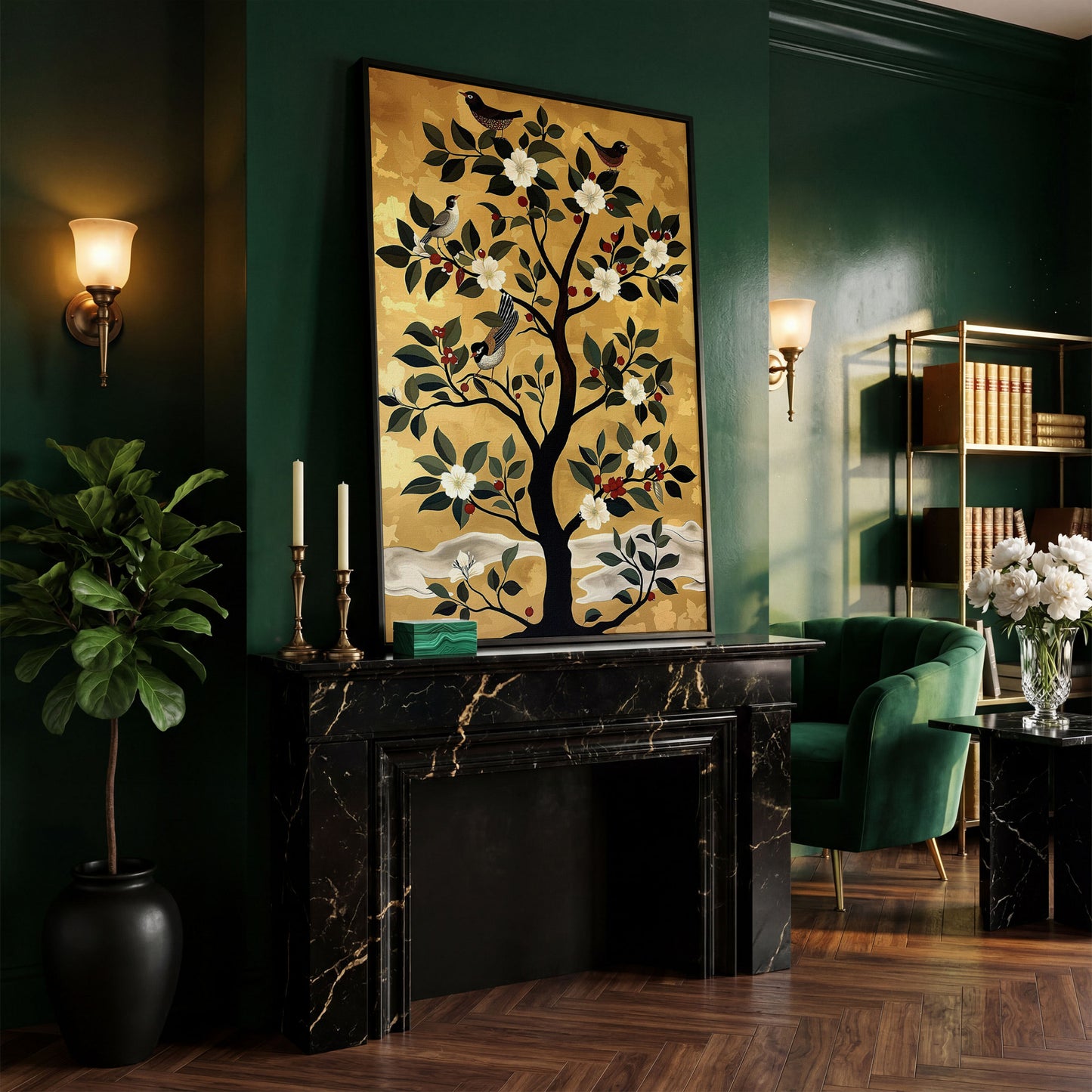 Blossoming Tree with Perched Birds on Gold Canvas Art in black floating frame