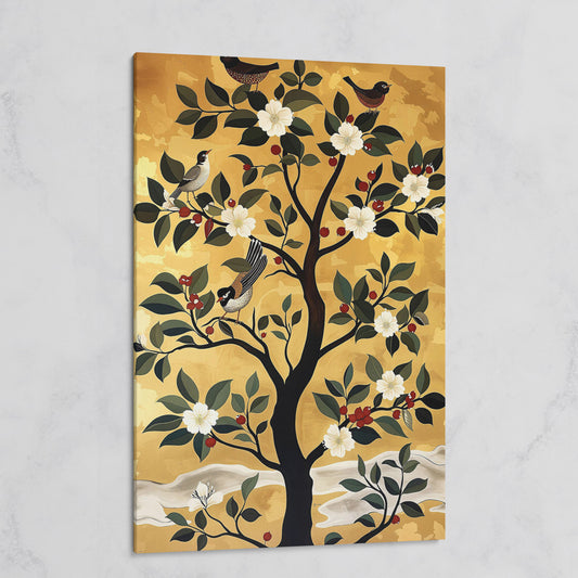 Blossoming Tree with Perched Birds on Gold Canvas Art on gallery wrap