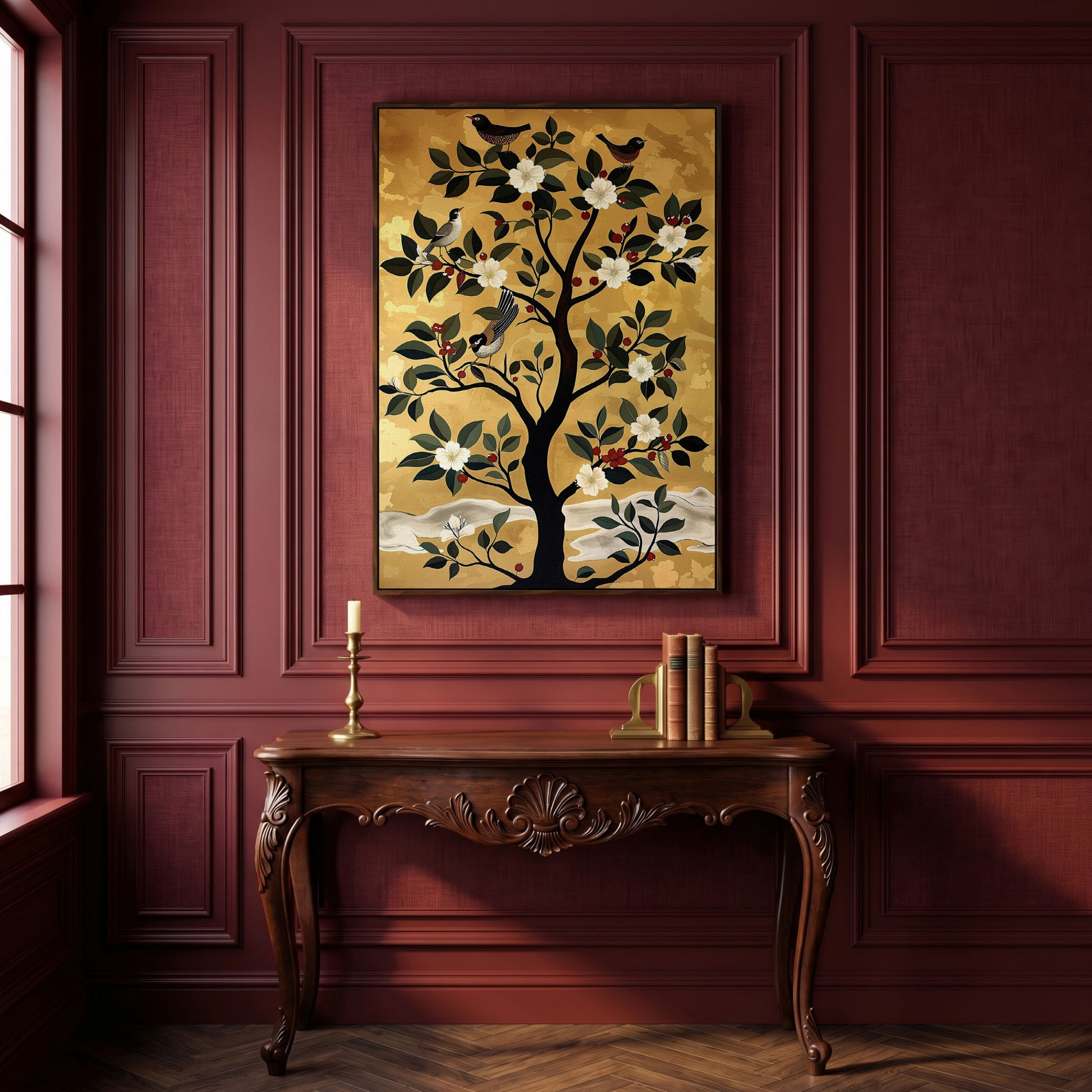 Blossoming Tree with Perched Birds on Gold Canvas Art in dark walnut floating frame