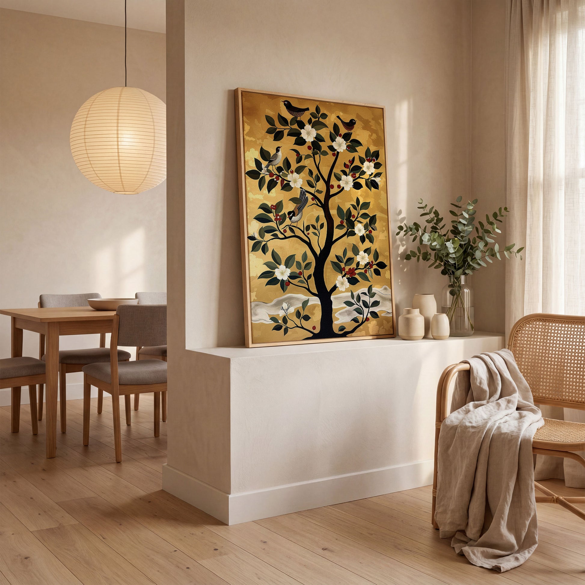 Blossoming Tree with Perched Birds on Gold Canvas Art in white oak floating frame