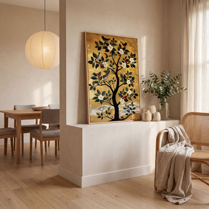 Blossoming Tree with Perched Birds on Gold Canvas Art in white oak floating frame