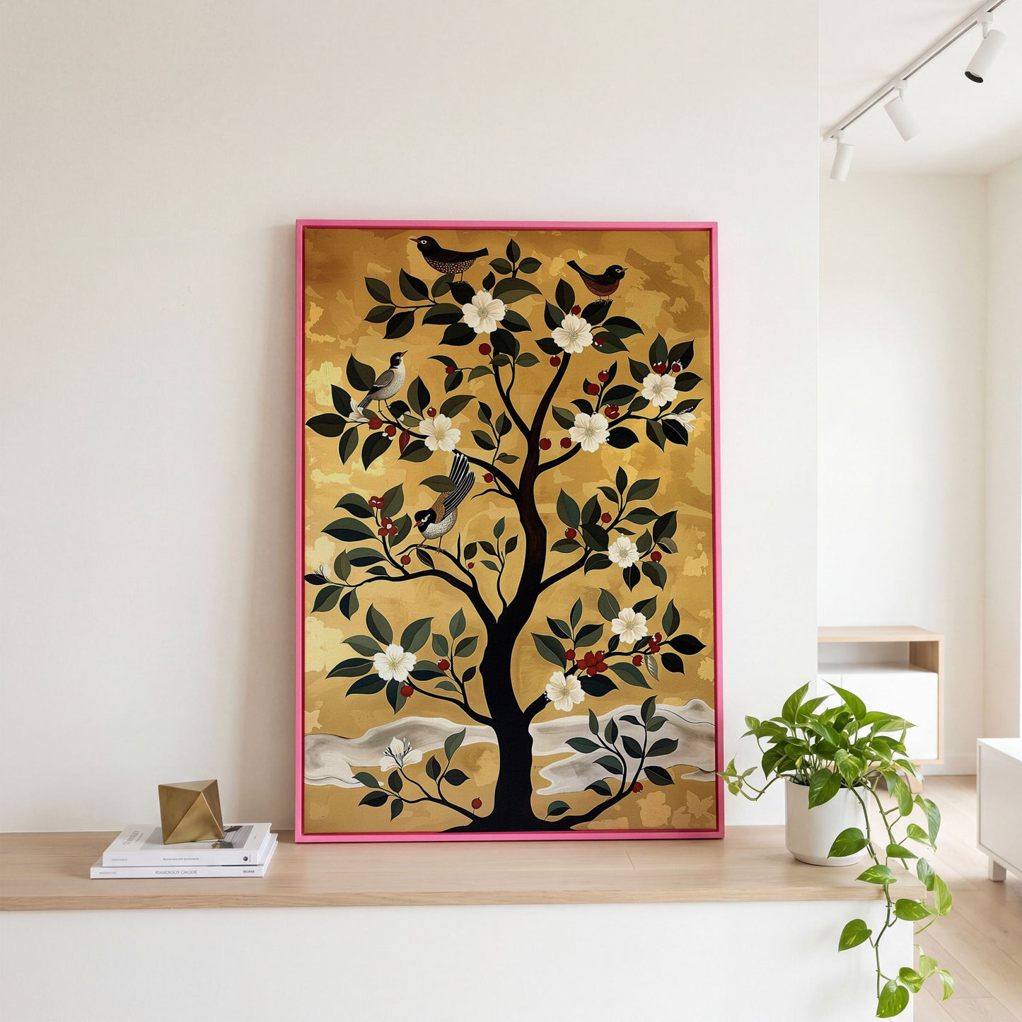 Blossoming Tree with Perched Birds on Gold Canvas Art in pink floating frame