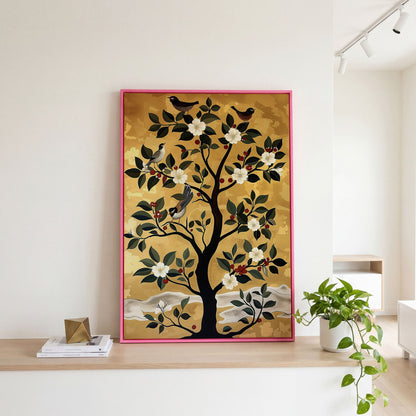 Blossoming Tree with Perched Birds on Gold Canvas Art in pink floating frame