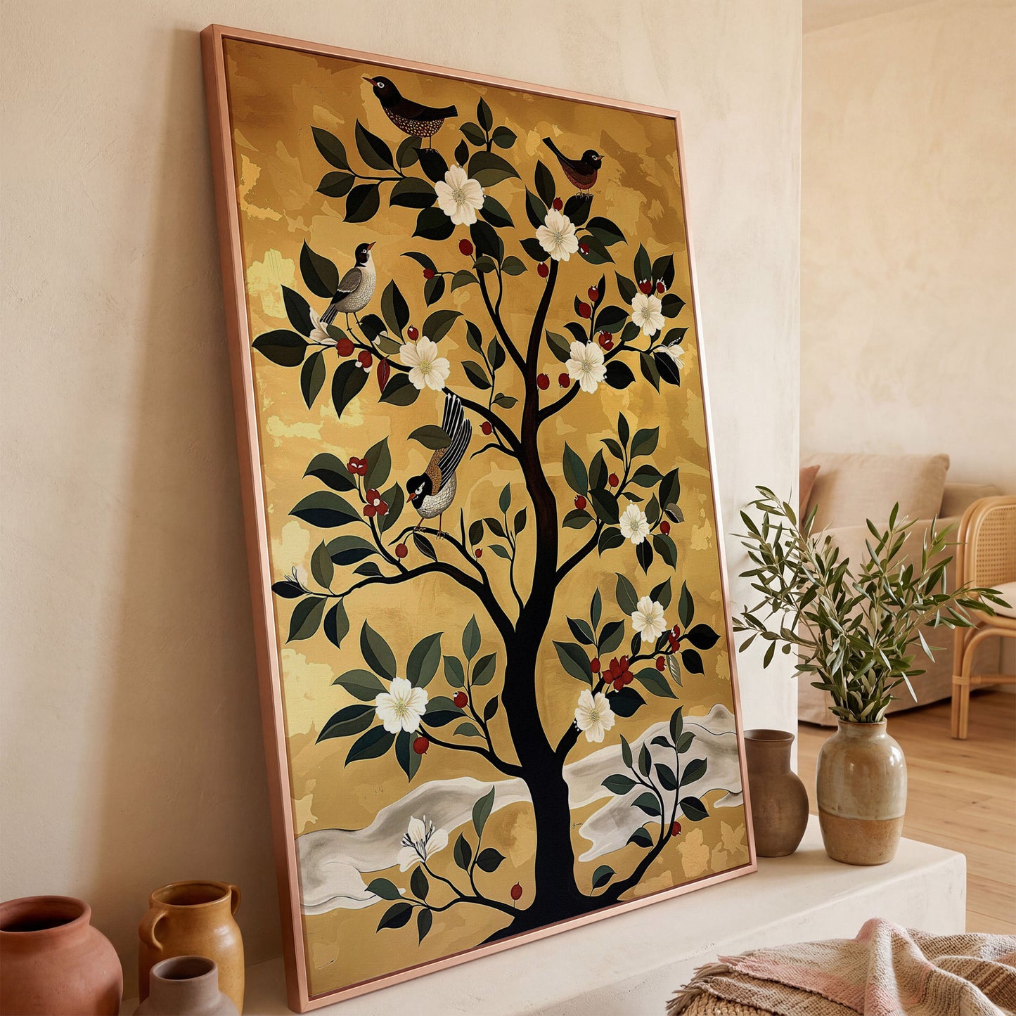 Blossoming Tree with Perched Birds on Gold Canvas Art in rose gold floating frame