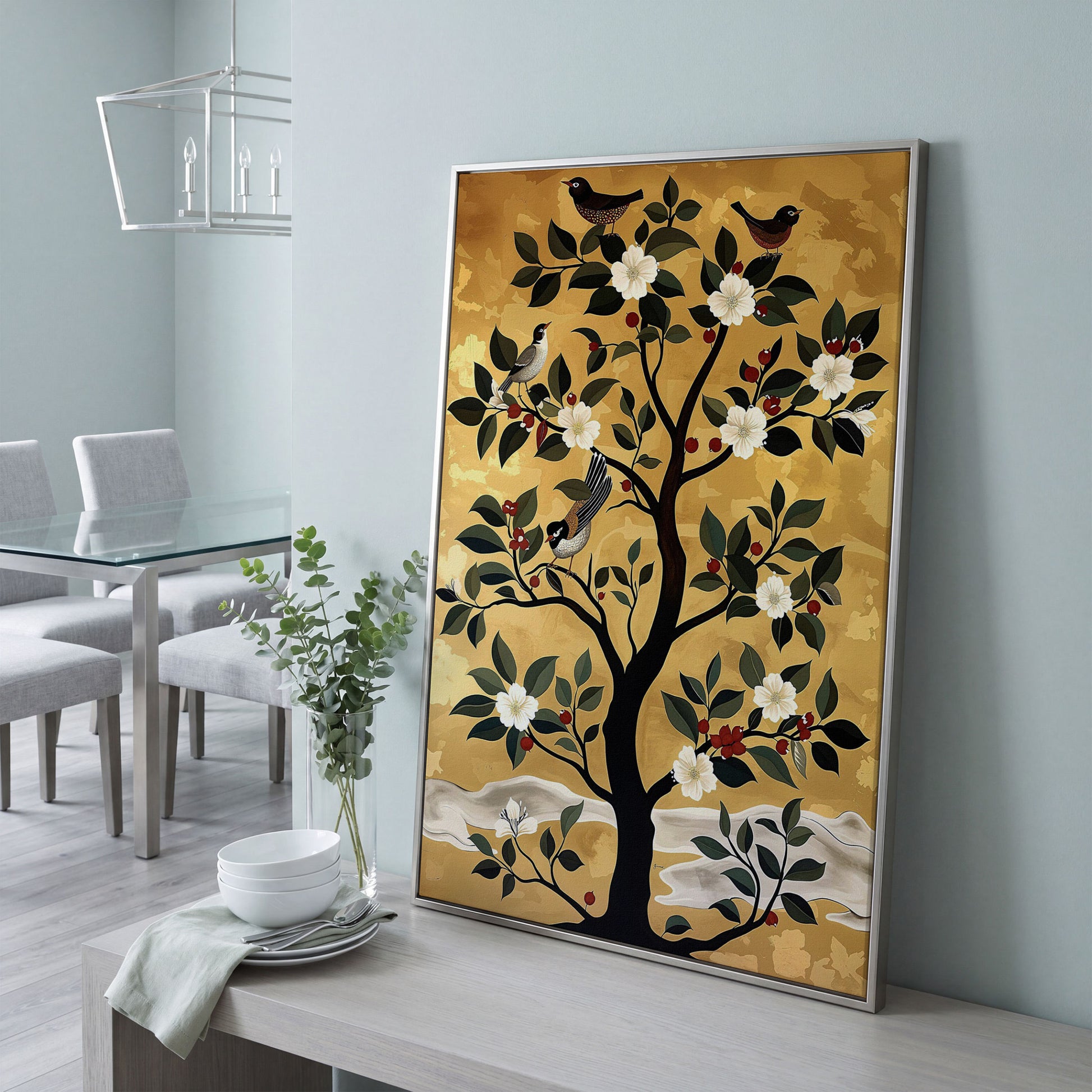 Blossoming Tree with Perched Birds on Gold Canvas Art in silver floating frame