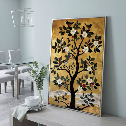 Blossoming Tree with Perched Birds on Gold Canvas Art in silver floating frame