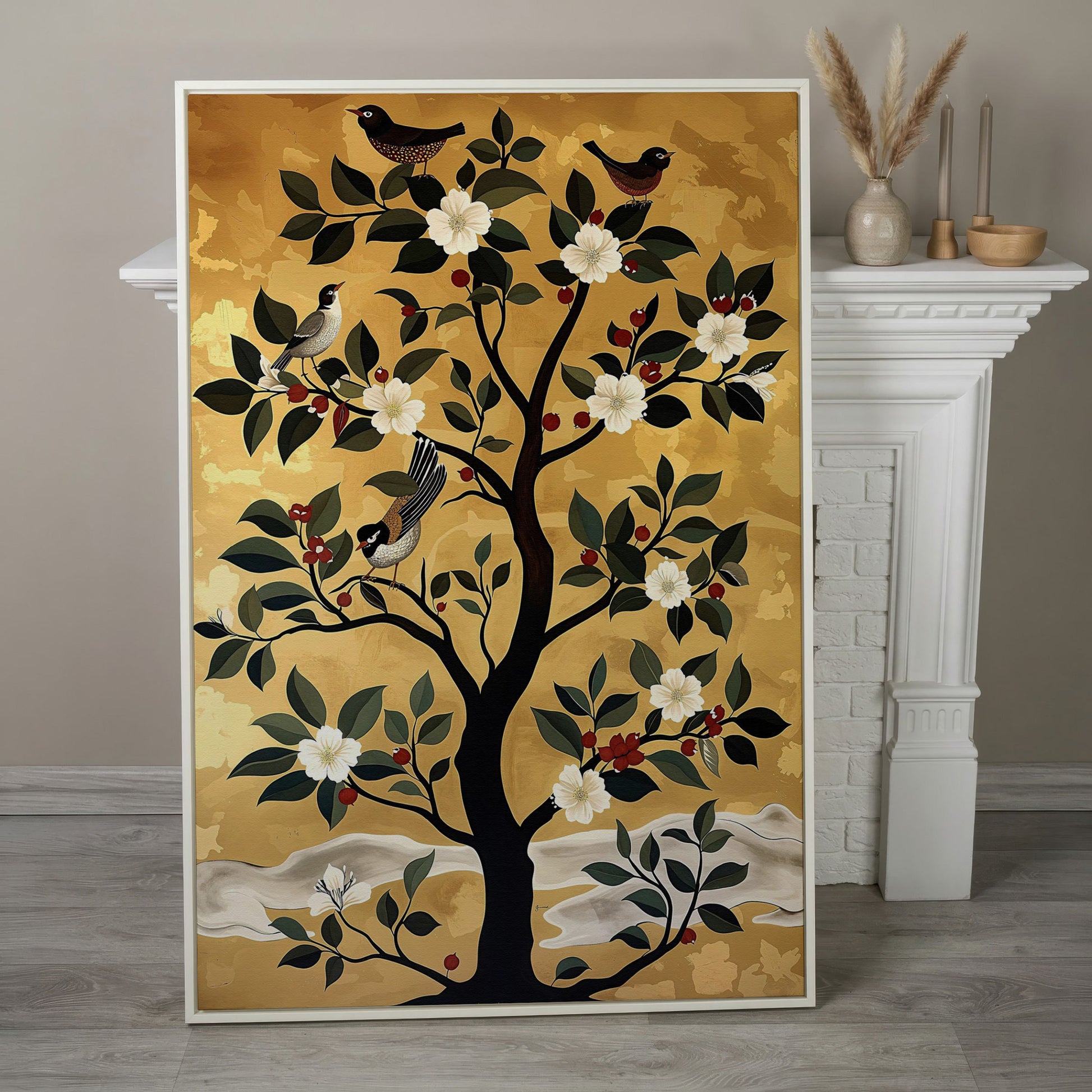 Blossoming Tree with Perched Birds on Gold Canvas Art in white floating frame