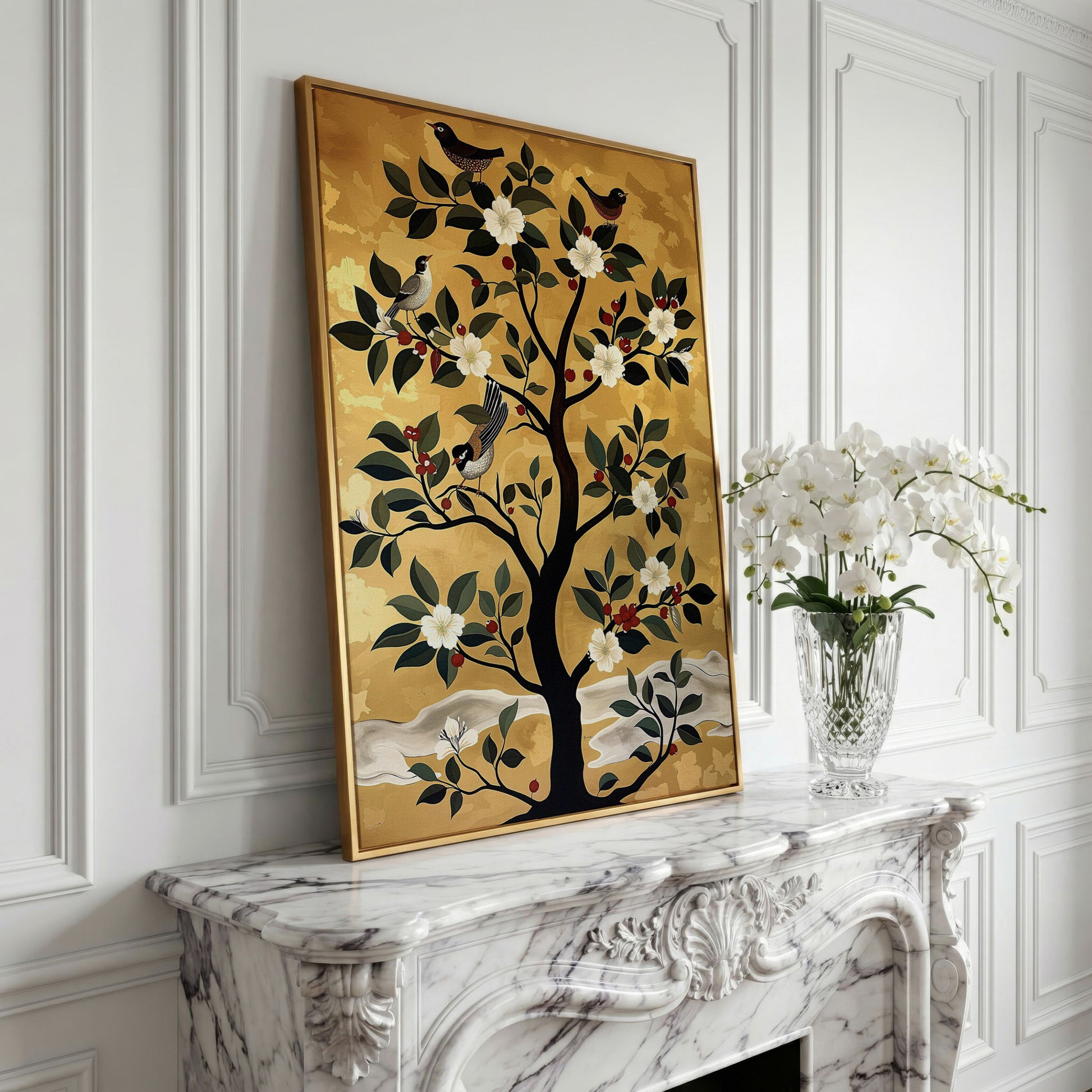 Blossoming Tree with Perched Birds on Gold Canvas Art in yellow gold floating frame