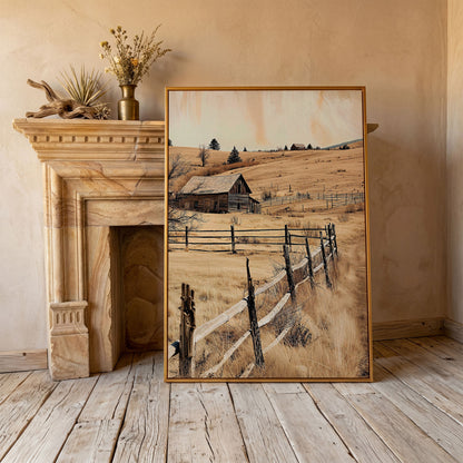 Rustic Old Barn Canvas Wall Art | Weathered Fence Rural Landscape in antique gold floating frame