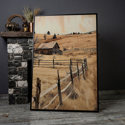 Rustic Old Barn Canvas Wall Art | Weathered Fence Rural Landscape in black floating frame