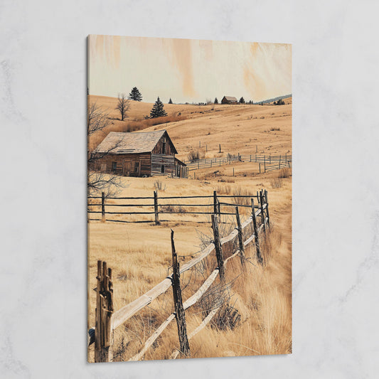 Rustic Old Barn Canvas Wall Art | Weathered Fence Rural Landscape on gallery wrap