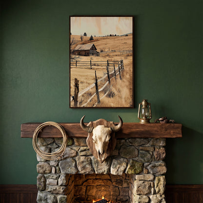 Rustic Old Barn Canvas Wall Art | Weathered Fence Rural Landscape in dark walnut floating frame