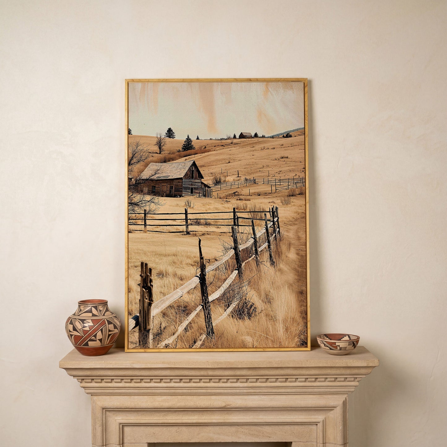 Rustic Old Barn Canvas Wall Art | Weathered Fence Rural Landscape in white oak floating frame
