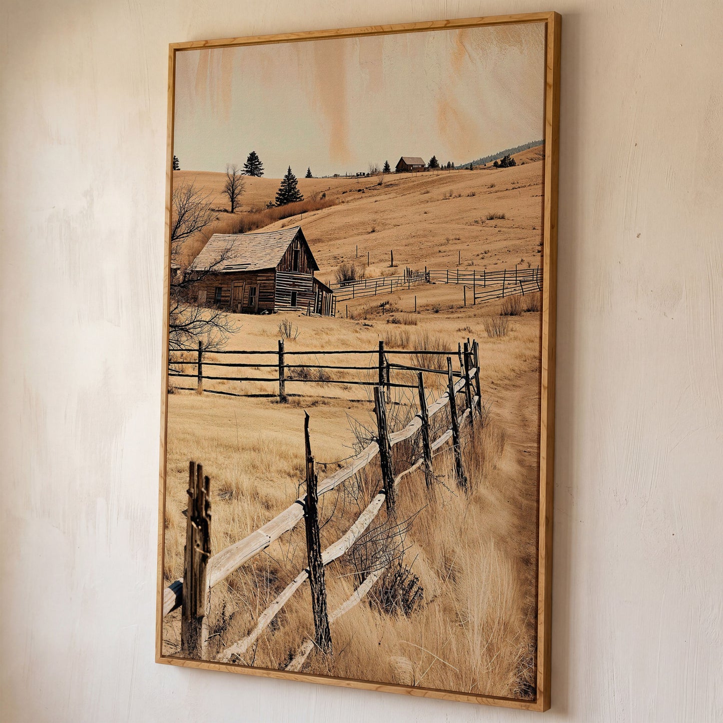 Rustic Old Barn Canvas Wall Art | Weathered Fence Rural Landscape shown in white oak floating frame